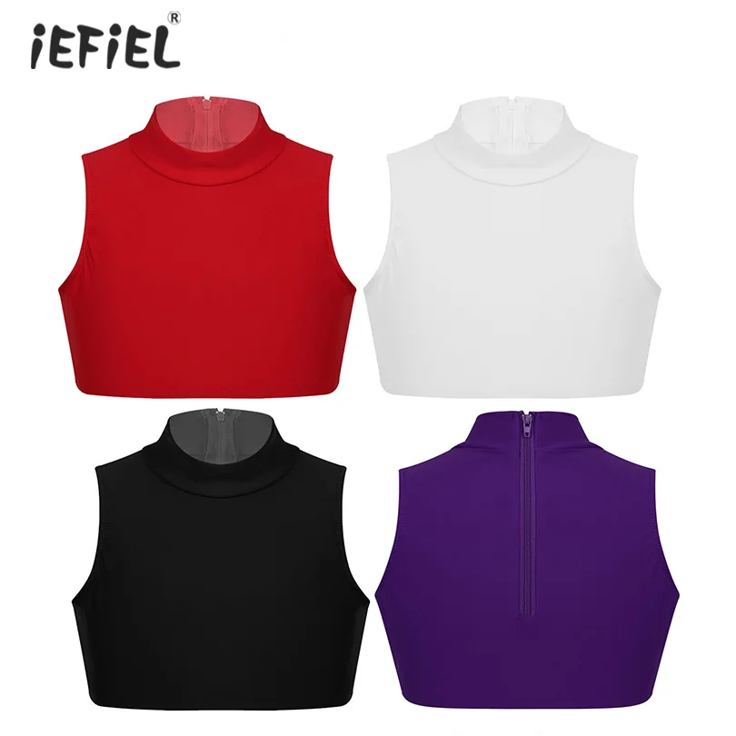 

Kids Girls Solid Color Short T-Shirt Tanks Sleeveless Stretchy Back Zipper Dancing Tanks Crop Top for Stage Performance