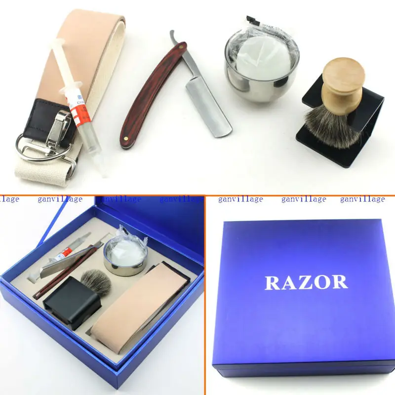 7in1 Classic Natural Wooden Handle Straight Razor Barber Salon Shaving