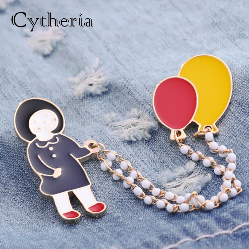 

Skipping rope girl pins brooches little girl with balloons pin red yellow enamel pin chain brooch badge girls and welsh corgi