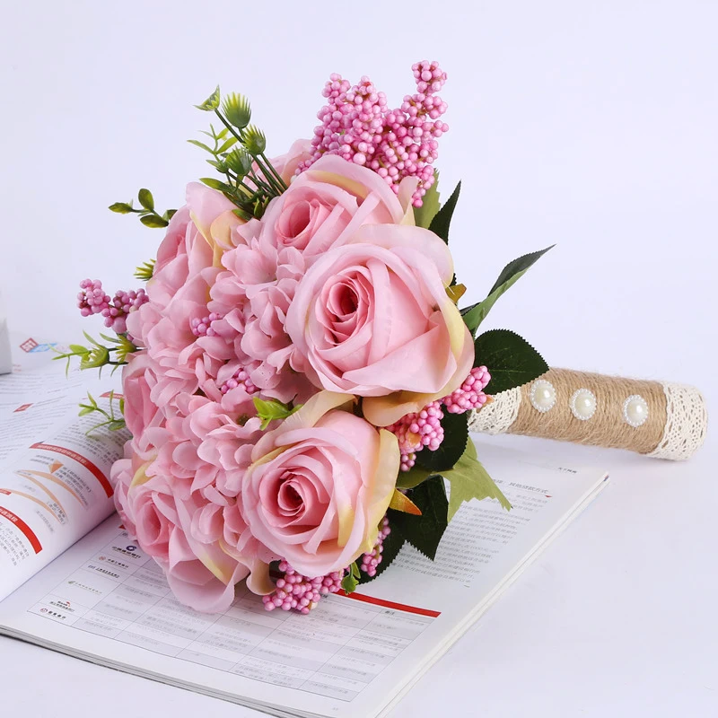 JAROWN Simulation Rose Wedding Bride Holding Flowers European Style Artificial High Quality Silk Fake Bouquets Home Decor Flores (8)