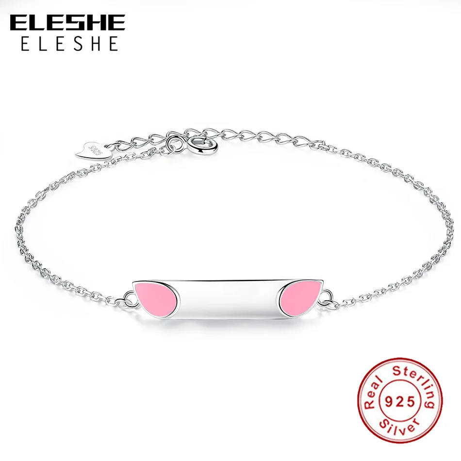 

ELESHE Personalized Engrave Name 925 Sterling Silver Bracelet Pink Enamel Charm Bracelet for Women Girls Kids Child Jewelry Gift