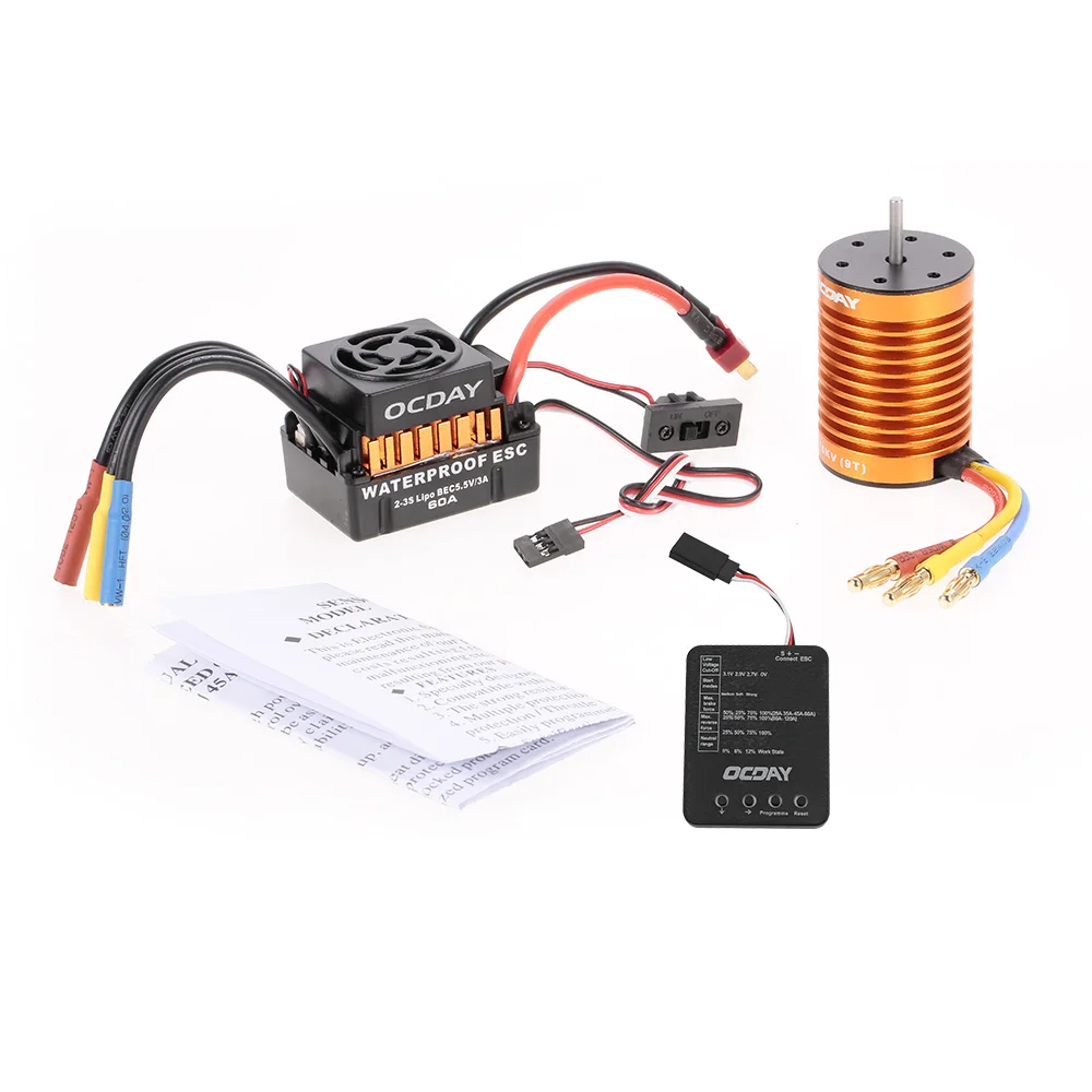 

Waterproof 60A Electronic Speed Control ESC 9T 4370KV 4P Sensorless Brushless Motor Programming Board for RC Car