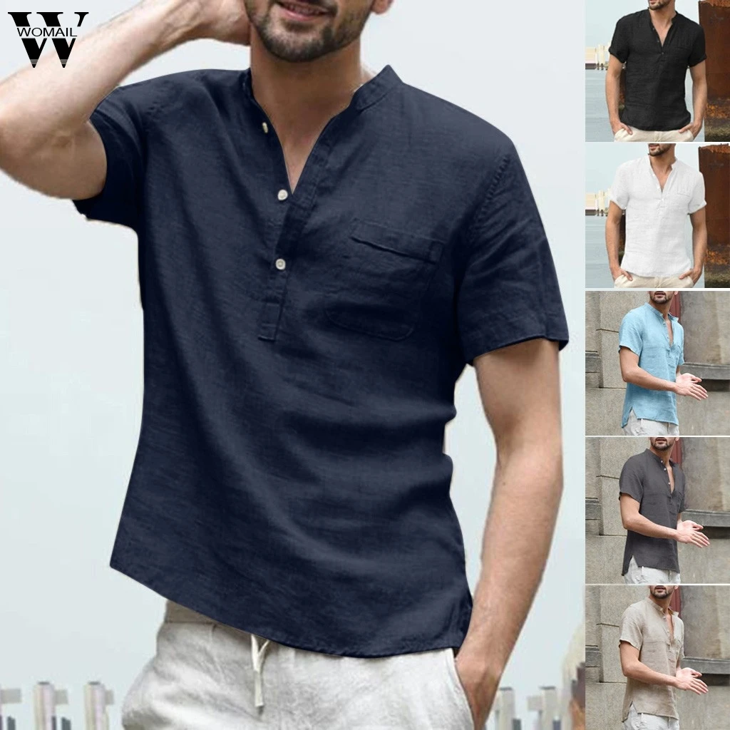 Womail мужская летняя модная мешковатая рубашка с коротким рукавом из хлопка и льна, однотонные пляжные рубашки на пуговицах, подарок на каждый день, высокое качество, новинка, A17
