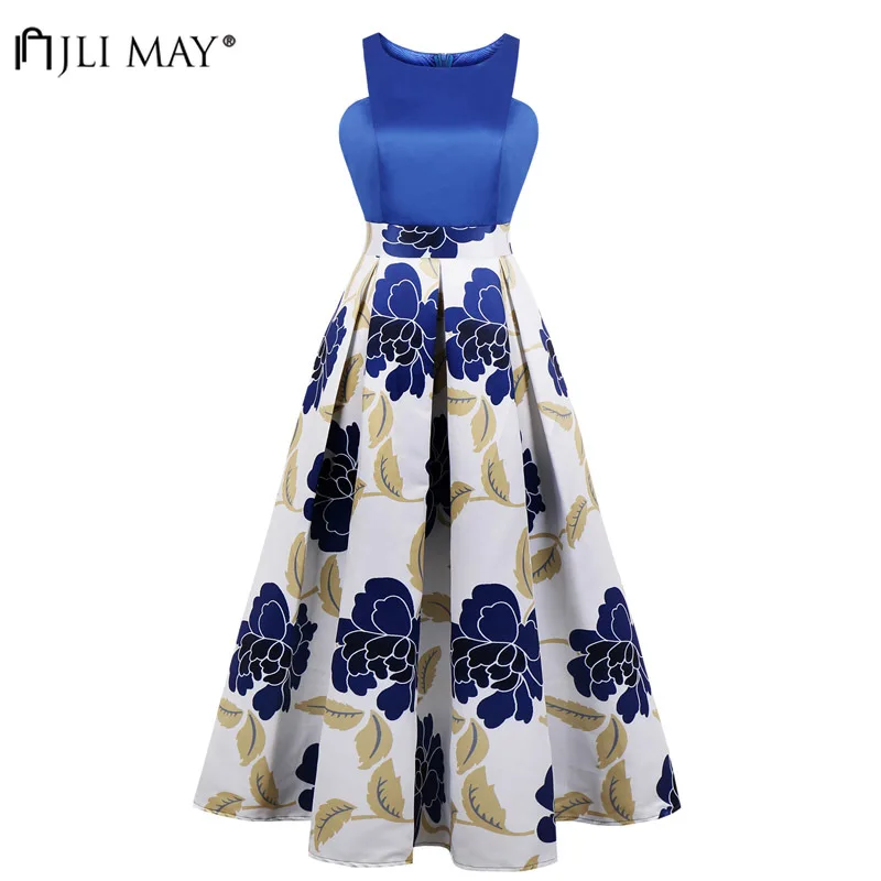 

JLI MAY Vintage Printed Party Dress Long Women Autumn Fall Patchwork Sleeveless Maxi A-Line O-Neck Slim Evening Elegant clothes
