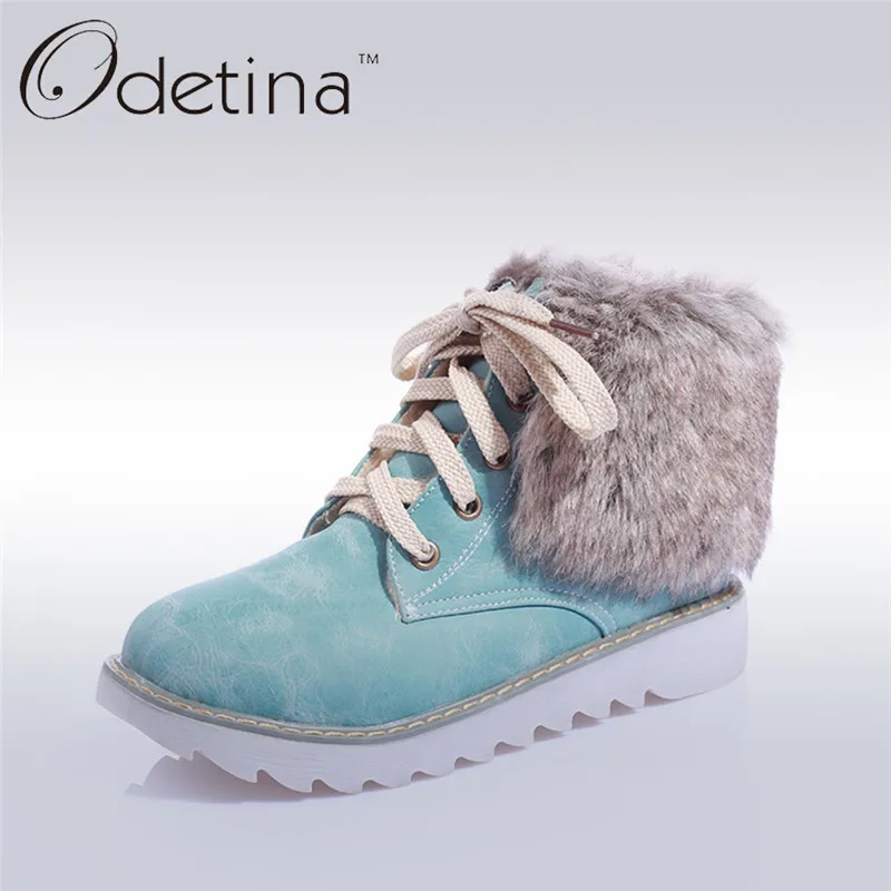 

Odetina Lace Up Ankle Boots for Women Winter Warm Plush Rabbit Fur Shaft Snow Boots 2017 Fashion Flat Ladies Booties Large Size
