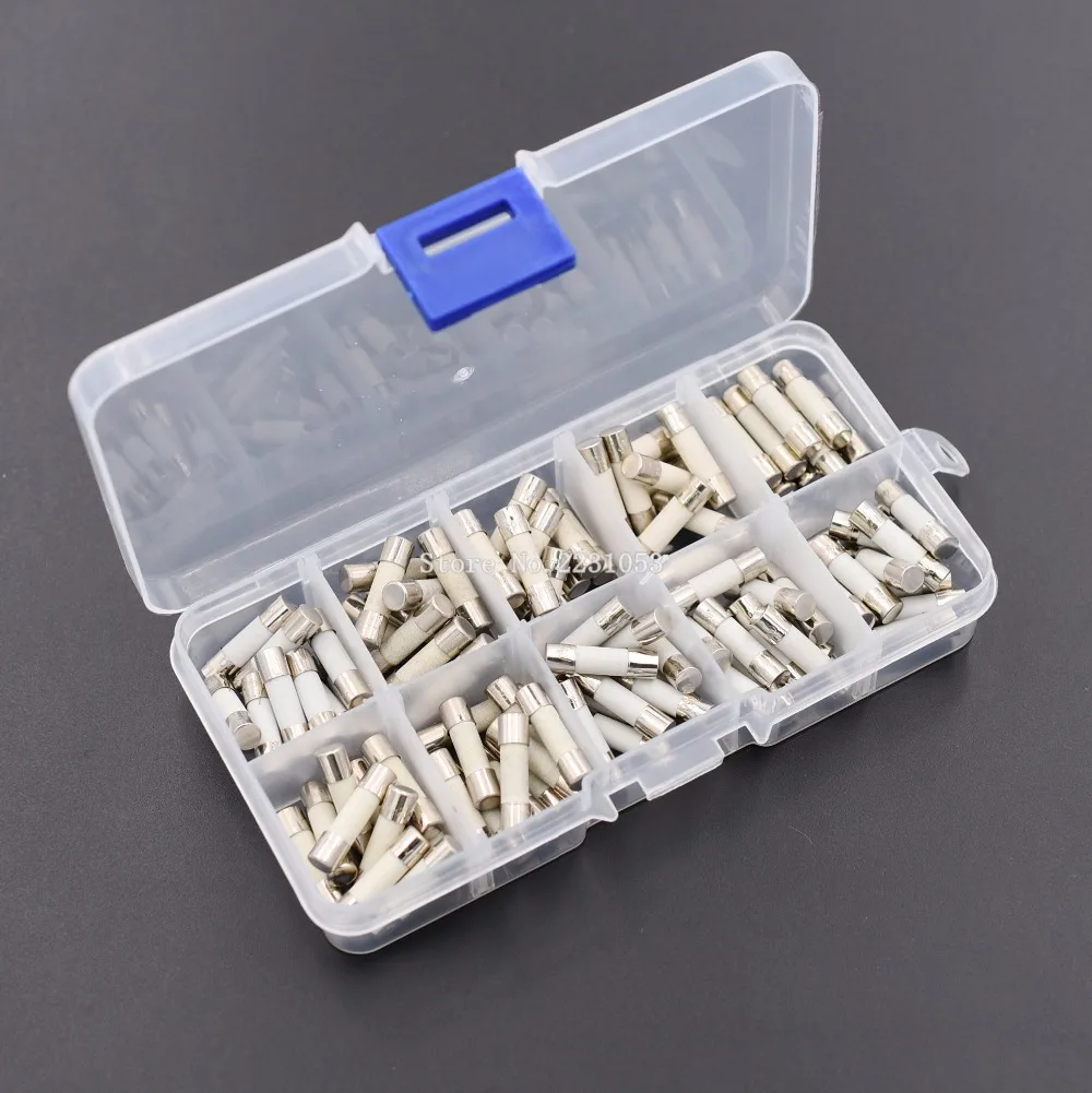 100 piezas de cerámica fusibles Kit de caja lenta 5mm x 20mm T 1A 2A 3.15A 4A 5A 6A 8A 10A 12A 15A/250 V 5*20 protectora seguro tubo conjunto