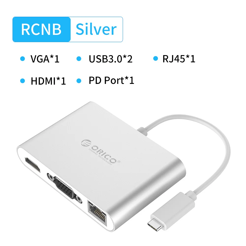 ORICO USB C концентратор для ноутбука PD функция зарядки алюминиевый Олли тип-c к HDMI/VGA/USB3.0/RJ45/SD TF кардридер 7 моделей серебро