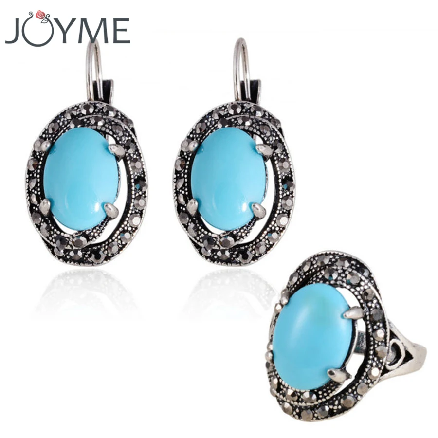 

Vintage Turkish Ethnic Blue Oval Antique Silver-Color Clip Drop Earring Ring Acrylic Blace CZ Jewelry Sets