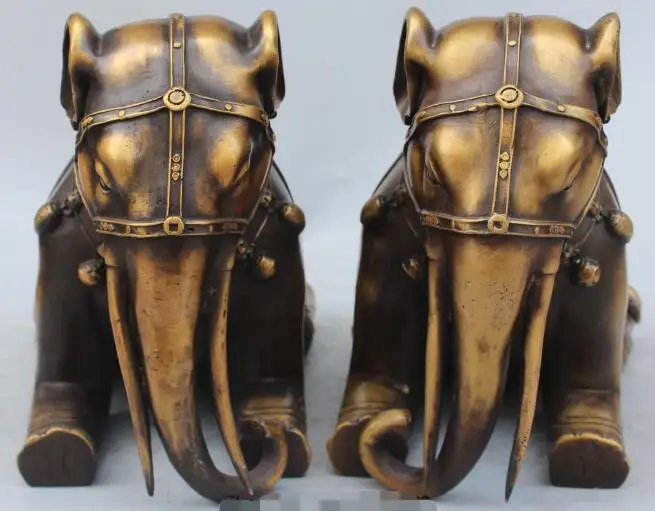 

S2269 13"Chinese Feng Shui Folk Pure Bronze JiXiang Elephant Dragon Animal Statue Pair discount 30% (C0324)