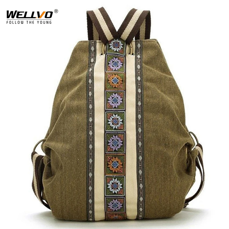 

Wellvo Ethnic Canvas Backpack Women Embroidered Floral Backpacks Large Bucket Shoulder Bag Girls Patchwork School Bags XA29C