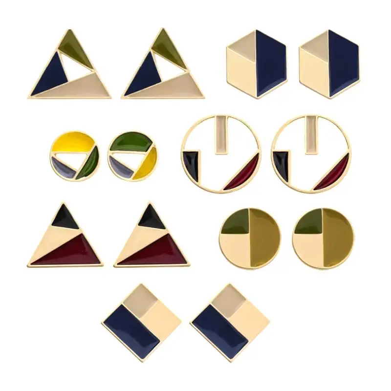 

MENGJIQIAO 2019 Japanese Korean New Geometric Round Square Colorful Enamel Stud Earrings For Women Vintage Hexagon Oorbellen