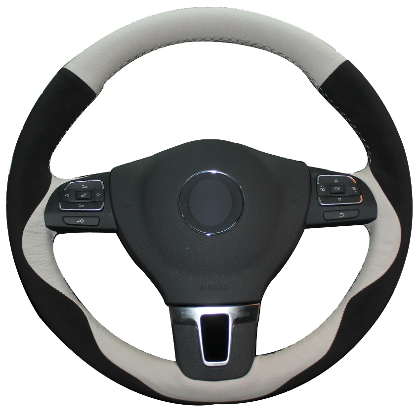 White Natural Leather Black Suede Car Steering Wheel Cover for