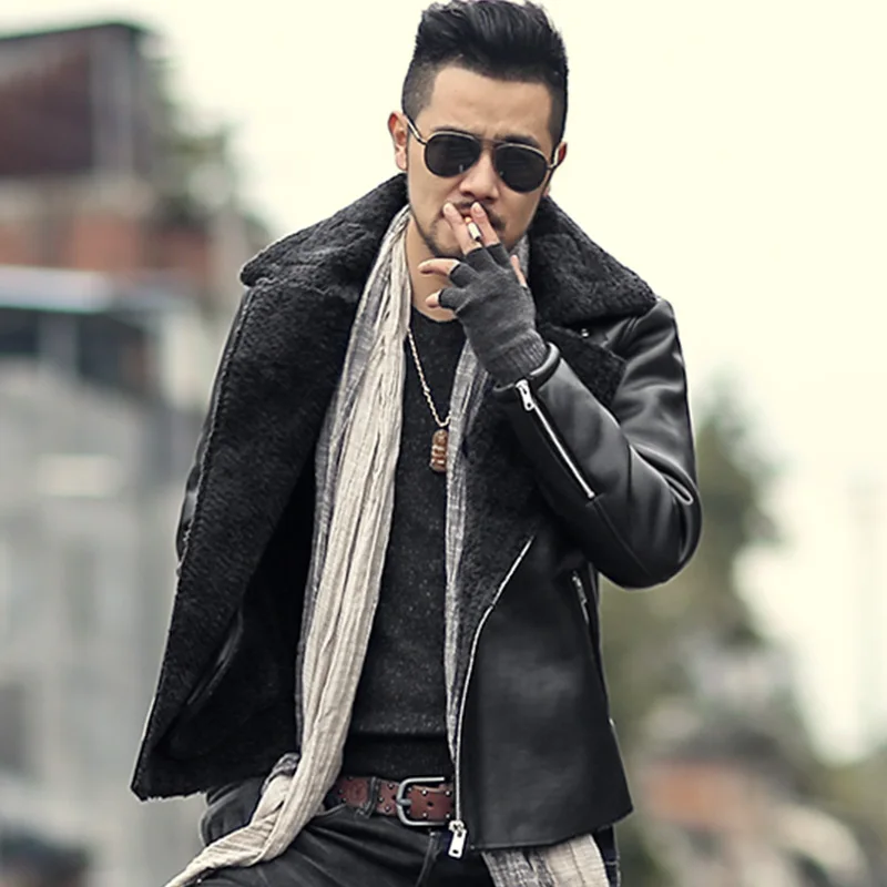

2018 Men slim warm woolen black fur collar faux leather jacket coat metrosexual man casual motorcycle bikers new design jacket
