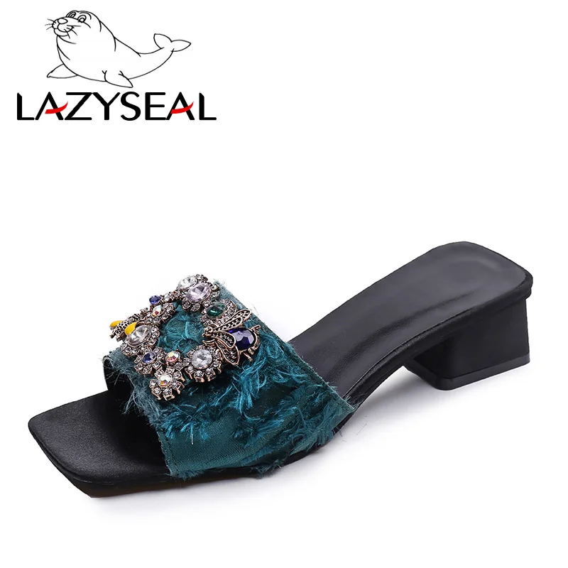 LazySeal; женские шлепанцы на высоком каблуке со стразами; летние женские Босоножки на каблуке с открытым носком; женская обувь с металлической пряжкой - Цвет: Green-2