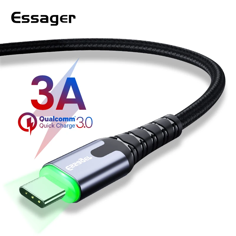 Essager LED USB نوع C كابل سريع تهمة سلك الحبل 3 m USBC كابل ل Xiaomi K20 سامسونج Oneplus 7 برو الهاتف المحمول USB-C شاحن