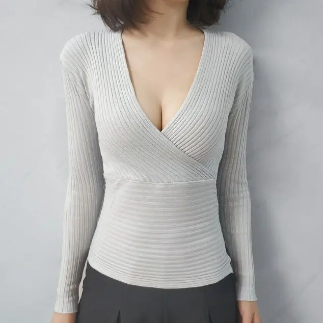 Женские сексуальные вязаные тянущиеся пуловеры с v-образным вырезом и длинным рукавом, свитера для девочек, вязаный однотонный вязаный свитер, Топ для женщин - Цвет: Gray