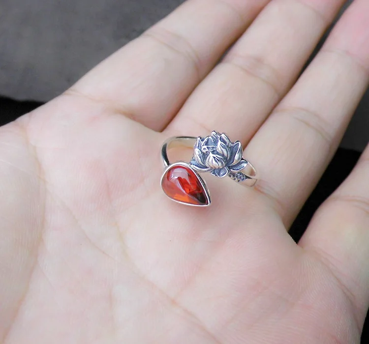 FNJ Панк Цветок лотоса кольцо 925 серебряные ювелирные изделия красный, зеленый камень S925 стерлингового серебра кольца для женщин Регулируемый размер bague