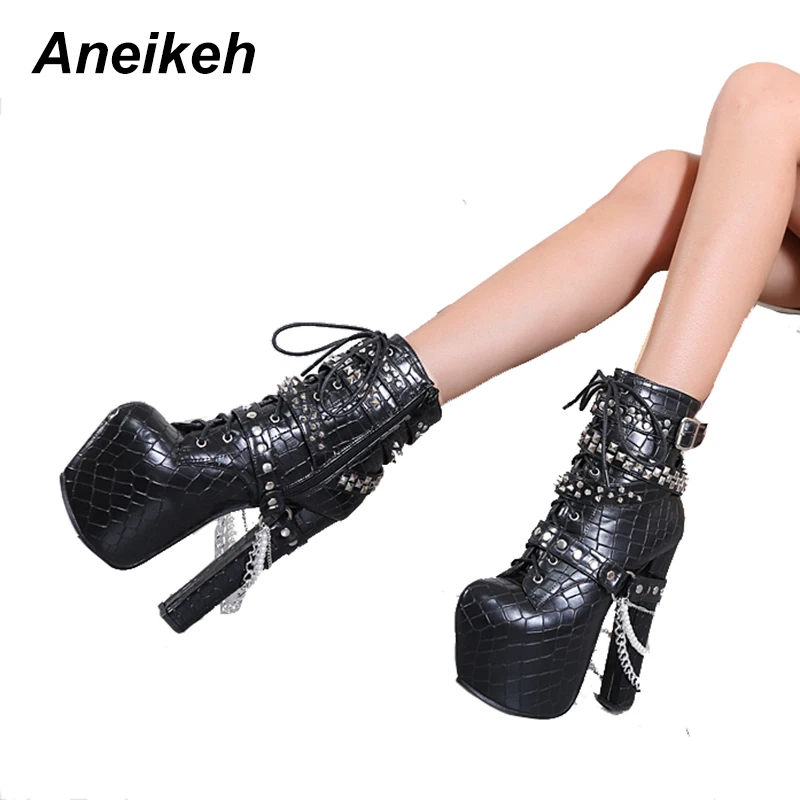 Aneikeh New PU Round Toe Super High Square Heel Women Shoes Sexy Cross-tied Style Short Tube Platform Motorcycle Boots