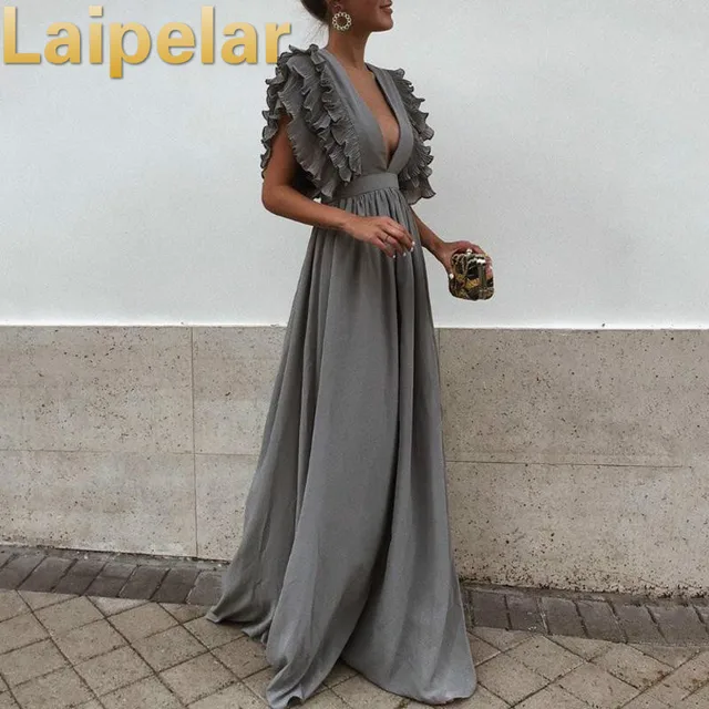2018 New Fashion Women Dress Sexy Gray V Neck Backless Flying Short Sleeves Maxi Dress Summer Solid Beach Party Long Dress