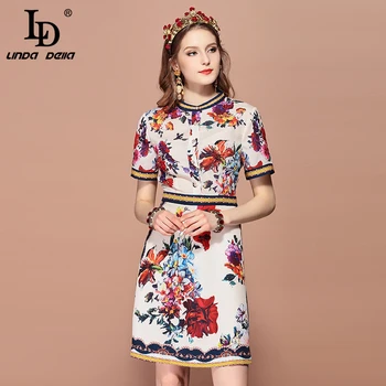 

LD LINDA DELLA 2019 Fashion Runway Summer Dress Women's Short Sleeve Vintage Floral Print Slim A Line Elegant Dress vestidos