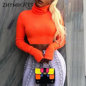 

ZHYMIHRET Autumn Winter Neon Color Ribbed T Shirt For Women 2018 Long Sleeve Turtleneck Tshirt Knitted Crop Tops Tee Femme