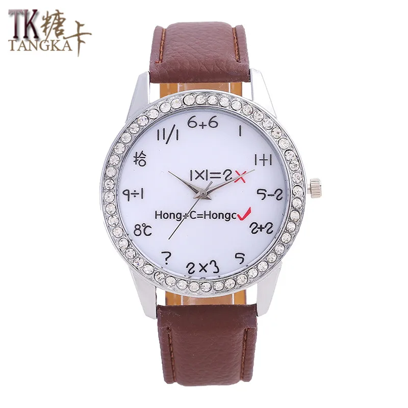 

TANGKA hot Leisure ladies leather watch diamonds mathematical formula pointer dial solid color high quality fashion men watch