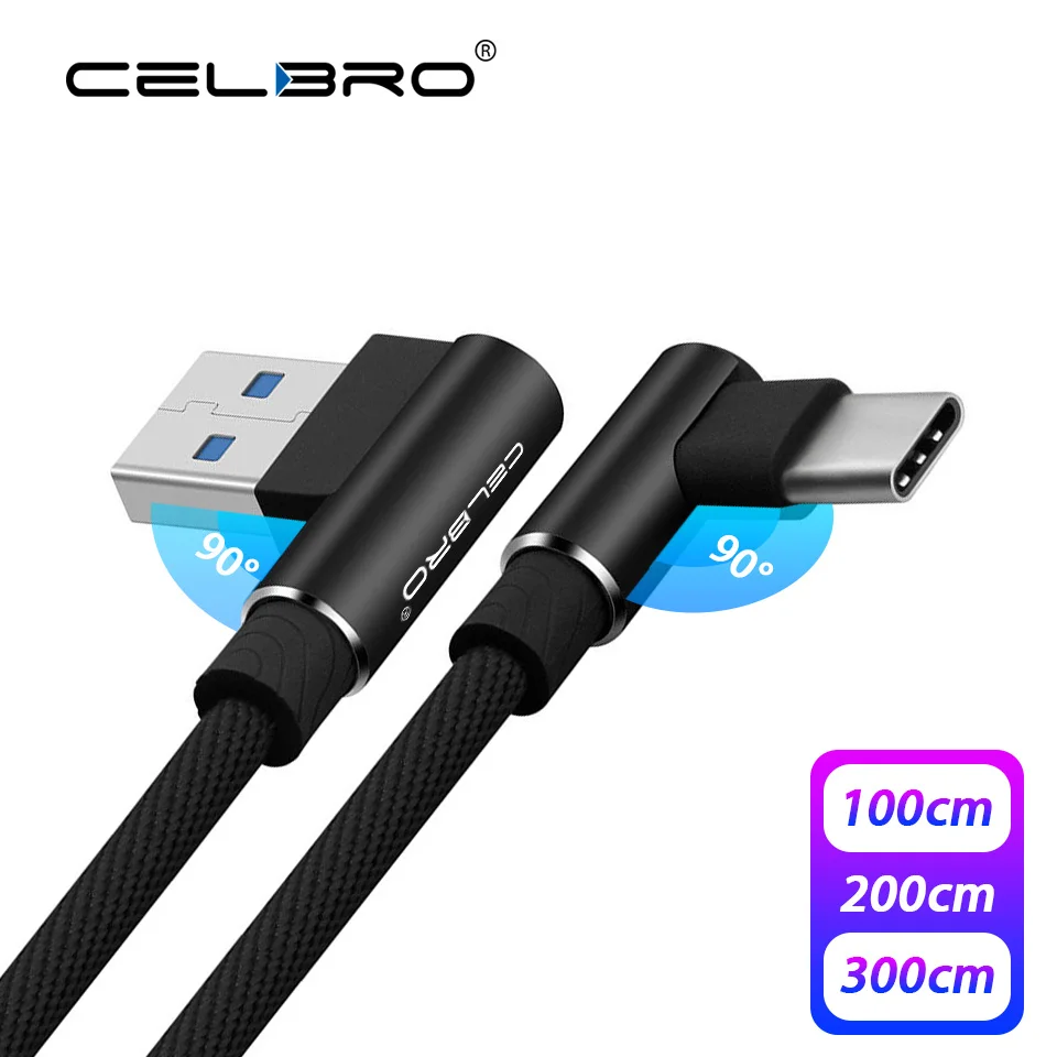 

90 Degree USB Type-C Fast Charging Cable Nylon Braided Quick Charge QC 3.0 Mobile Phone Tipe C USBC Data Charger Cabel 1m 2m 3m