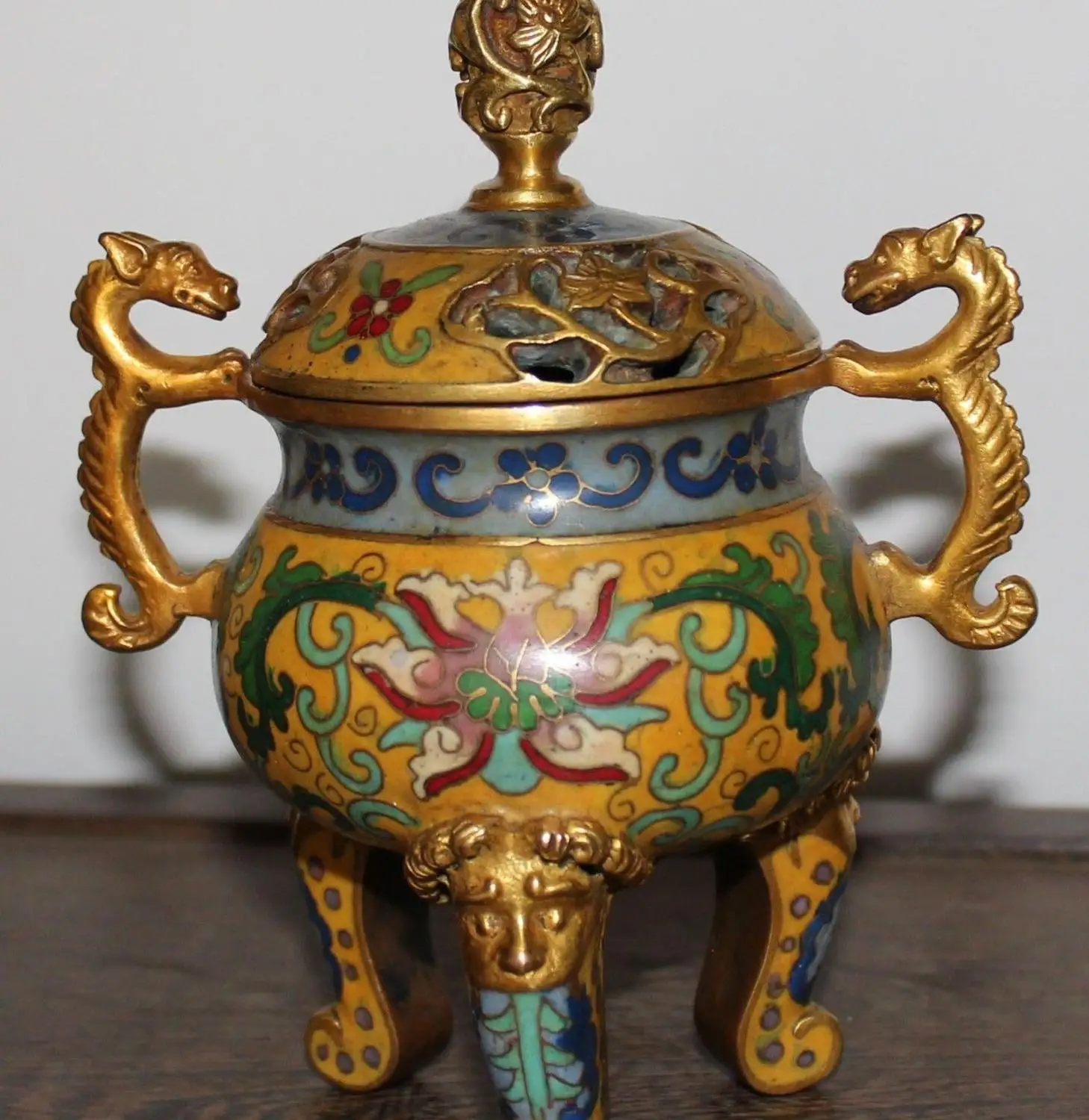 

6" Chinese Cloisonne Enamel Gilt Dragon Lion Head Incense Burner Censer Statue