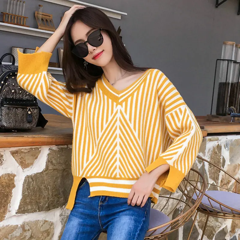 Fashion Women Autumn Pullover Sweaters Yellow Stripes Knitted Top Girl Three Quater Sleeve V-neck Knitwear Woman Casual Pullover