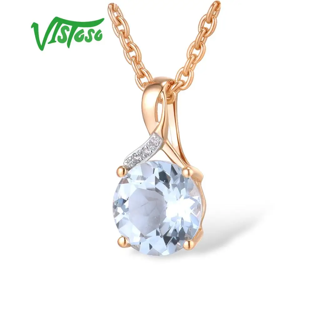 VISTOSO Gold Pendant For Women Genuine 14K 585 Rose Gold Radiant Blue Topaz Sparkling Diamond Pendant Delicate Fine Jewelry