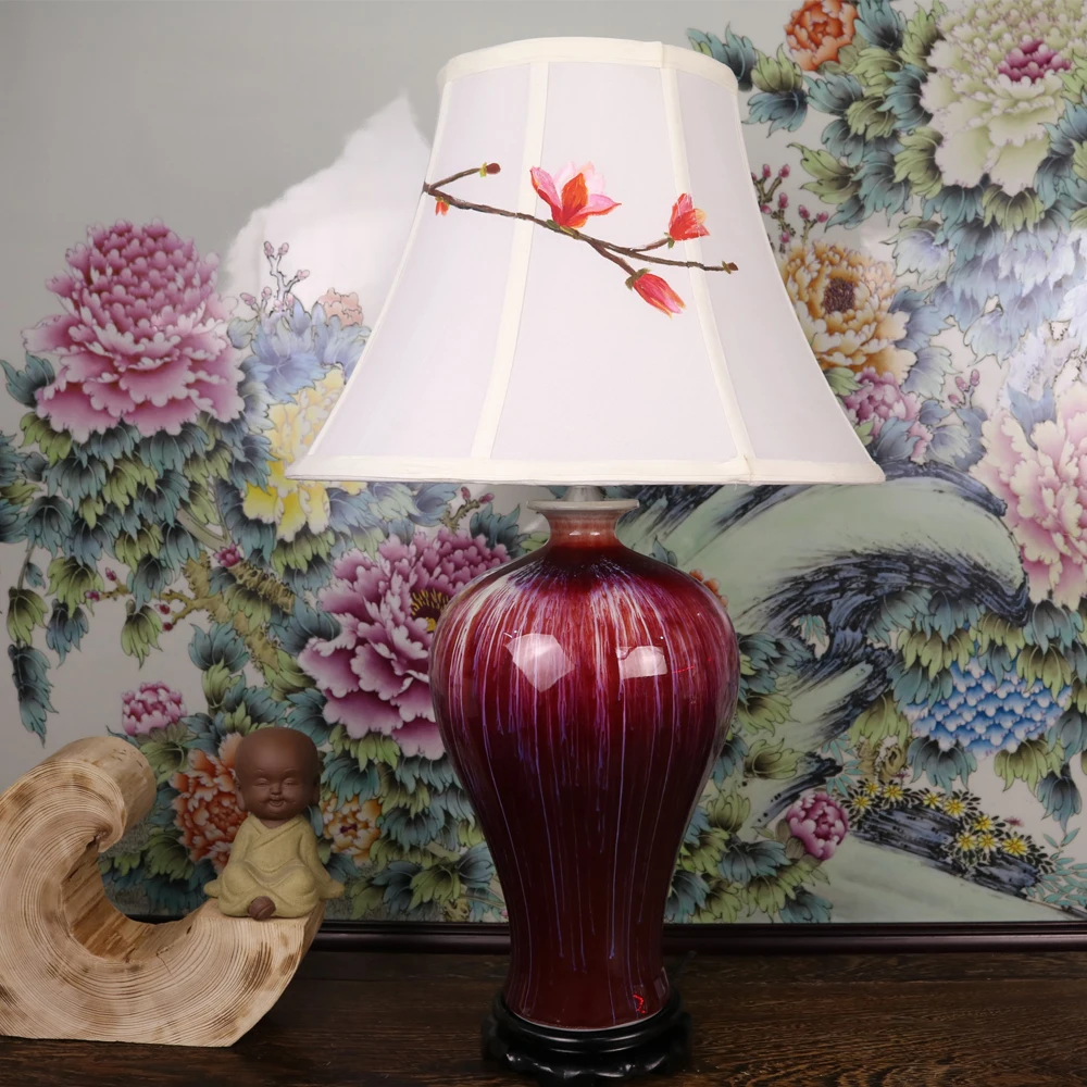 Vintage chinese porcelain ceramic table lamp bedroom living room wedding table lamp Jingdezhen large bedside table red glazed (4)