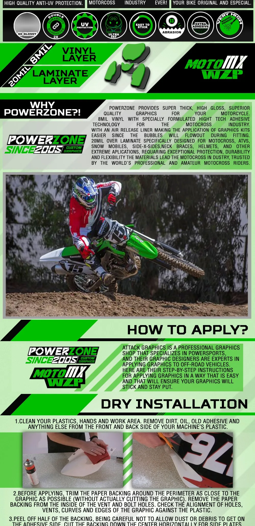 PowerZone Custom Team Graphics Backgrounds Decals 3M Stickers Kit For Kawasaki KX250F 2013- 010