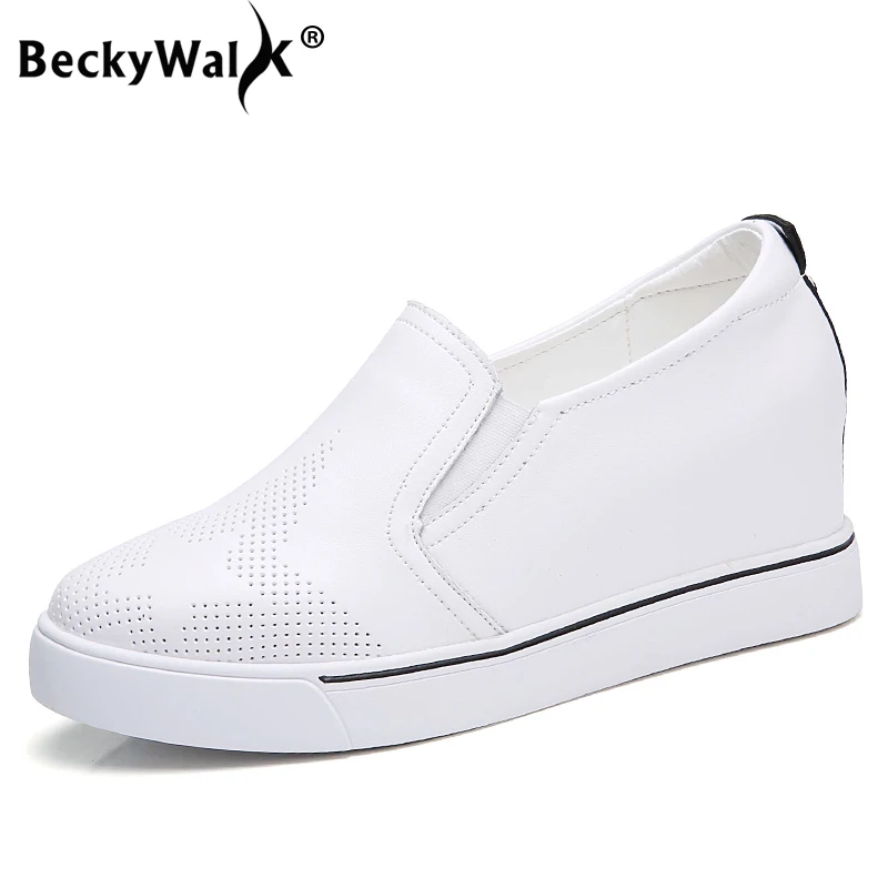 

BeckyWalk Women Platform White Sneakers Shoes Women Genuine Leather Wedge Loafers Height Increasing Creepers Shoes Woman WSH2866