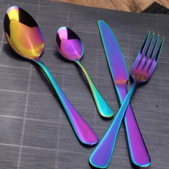 

4PCS Dinnerware Set Travel Camping Cutlery Set Reusable Stainless Steel Fork Scoop Silverwar Set Rainbow Cutlery Multy Color