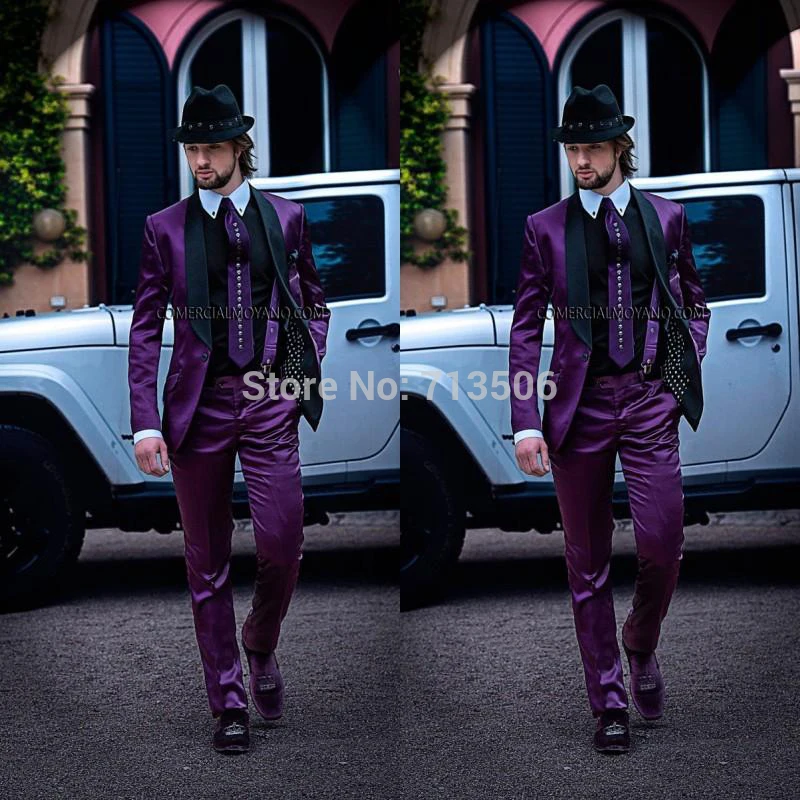 2015 Italian Mens Suits Purple Jacket with Black Collar Wedding Tuxedos Jacket Pants Tie formal suits men suits Groomsmen suits.jpg