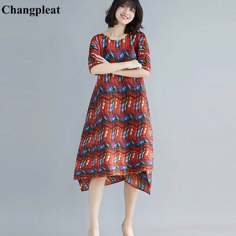 

Changpleat 2019 Summer New Stripe Women Dress Miyak Pleated Fashion Design O-NECK Loose Large Size 1/2 Sleeve Female Dress Tide