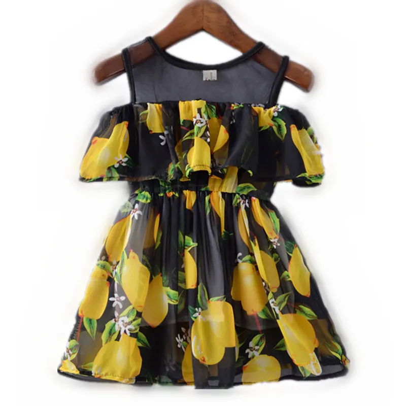 Новые летние дети платья для девочек костюмы lemon цветочным принтом Платье принцессы Шнурка Девушки Халат Enfant Новорожденных Девочек Платье