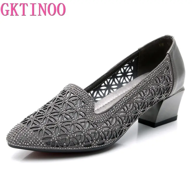 GKTINOO стразы на среднем каблуке Для женщин туфли из мягкой натуральной кожи; женская обувь Для женщин слипоны обувь квадратный каблук Дамская обувь