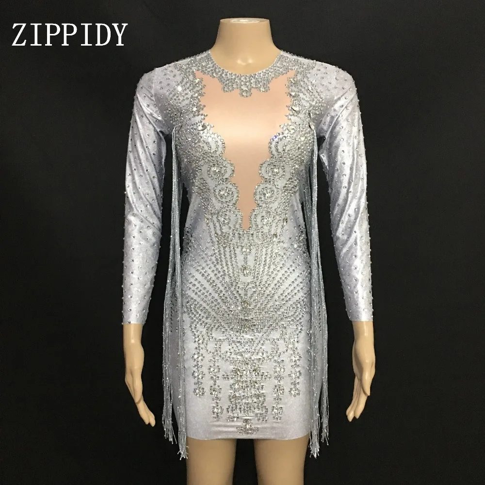 

Silver Rhinestones Tassel Gray Stretch Dress Women Birthday Celebrate Dress Singer Dancer Evening Stage Outfit Dress YOUDU
