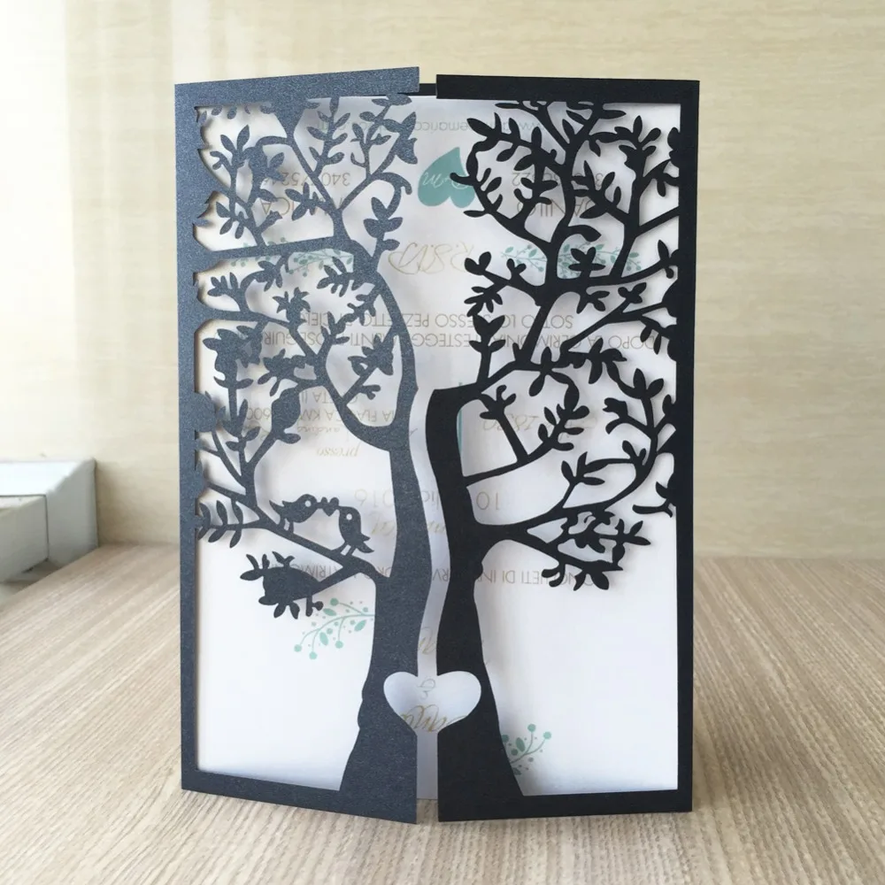 

50/pcs wedding party invitaiton card wedding place cards latest invitation card laser cut tree with love birds design QJ-178