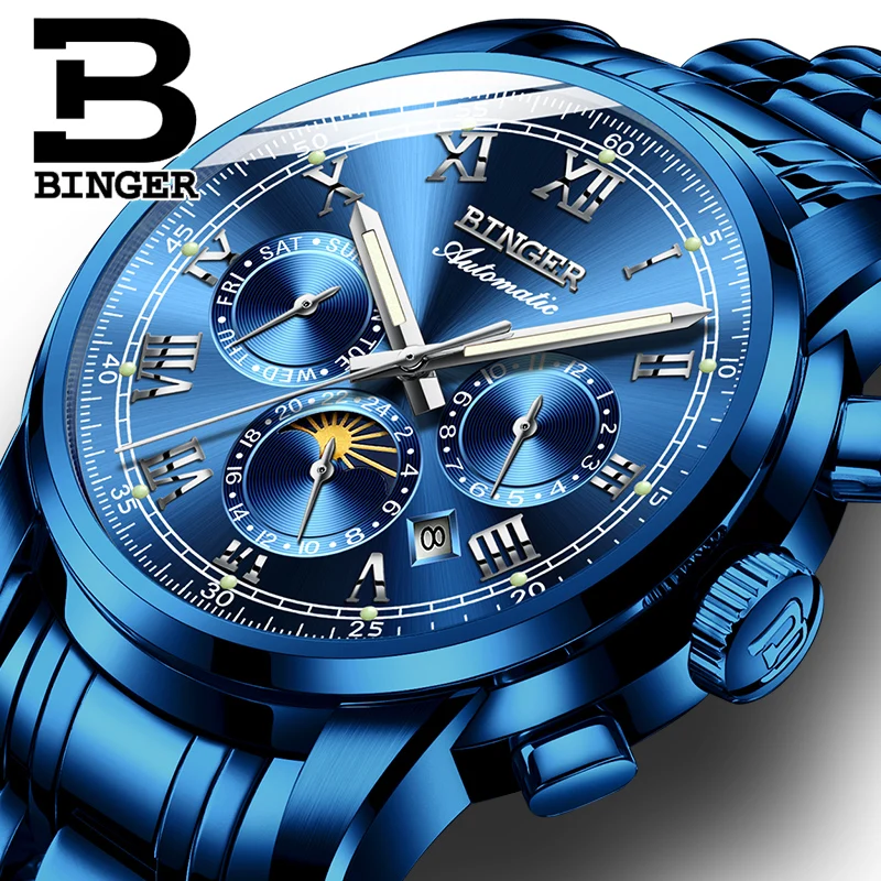 

BINGER Switzerland Moon phase Blue Wave Dial Fashion Casual Design Men Watch Top Brand Mechanical Automatic Wrist Watch For Men