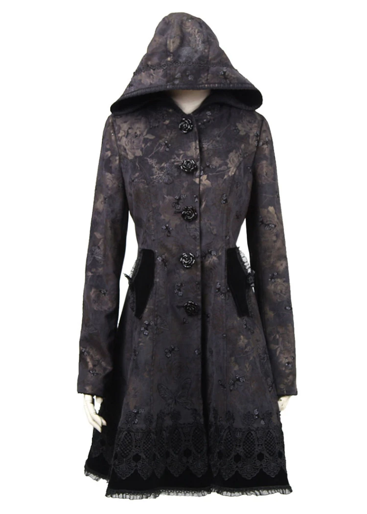 Lolita Flocking Women Winter Long Coat Black Printed