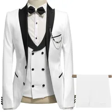 Мужской строгий костюм, приталенный, Повседневный, из трех предметов, деловой стиль, для мужчин, серый, белый, цвета шампанского, смокинг с лацканами для свадьбы, блейзер+ брюки+ жилет