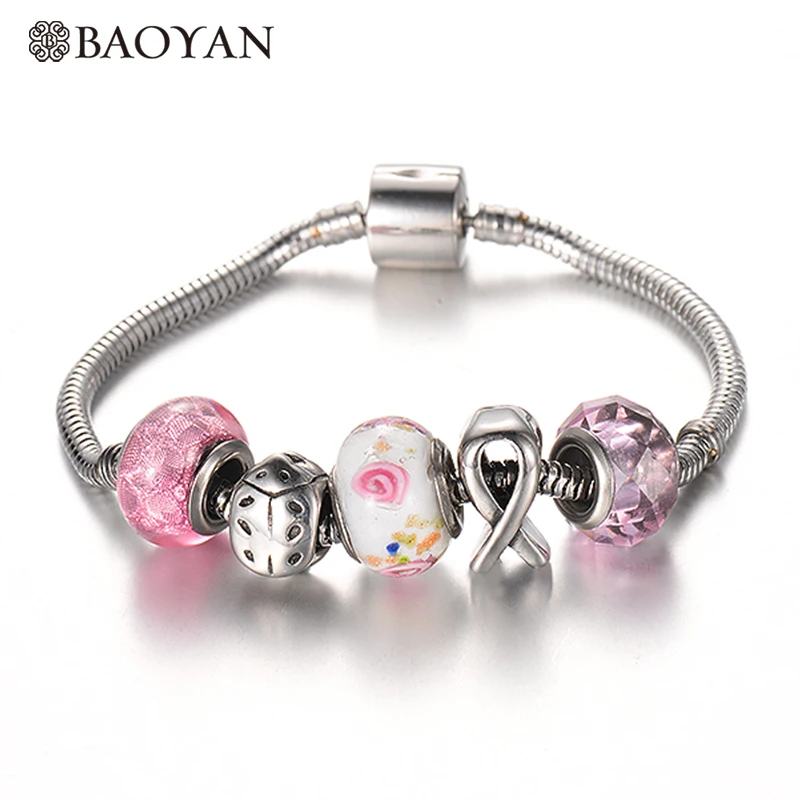

BAOYAN Stainless Steel DIY Charm Bracelet & Bangle with Pink Ribbon Ladybug European Murano Charm Beads for Women Drop Shipping