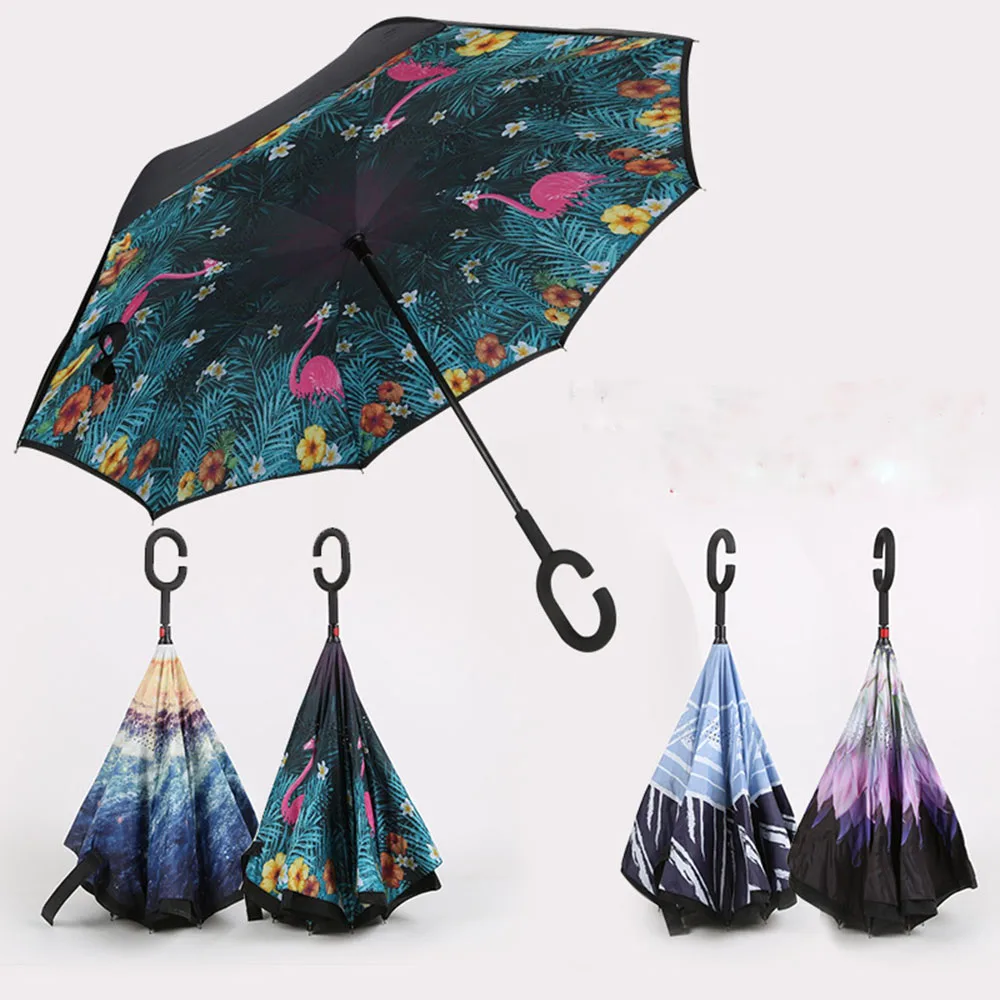 

Windproof Reverse Folding Double Layer inverted car Umbrella Self Stand upside down women's rain umbrella c handle drop shipping