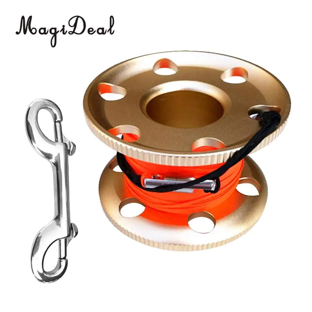 MagiDeal Professional Aluminum Alloy Finger Spool Reel & 30m Line Double End Bolt Snap for Underwater Scuba Diving Applications