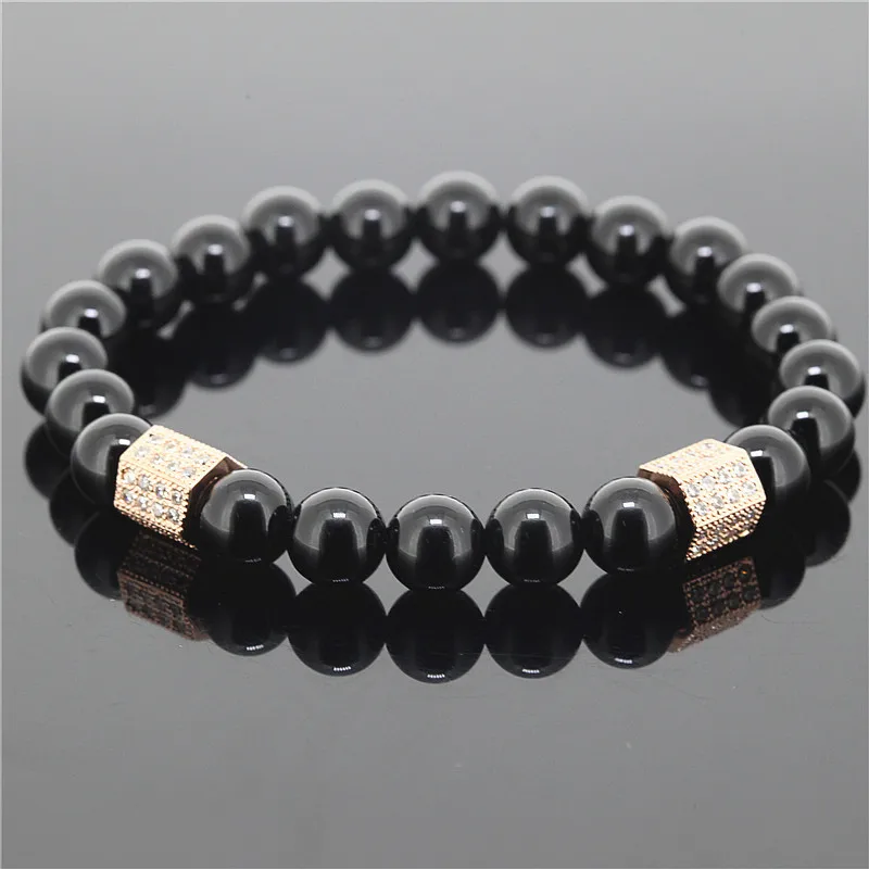 

1PC 8mm Beads Men Stretch Bracelet Black Onyx Nature Stone Antique With Rose Gold Cubic Zirconia Connector Beaded Bracelet
