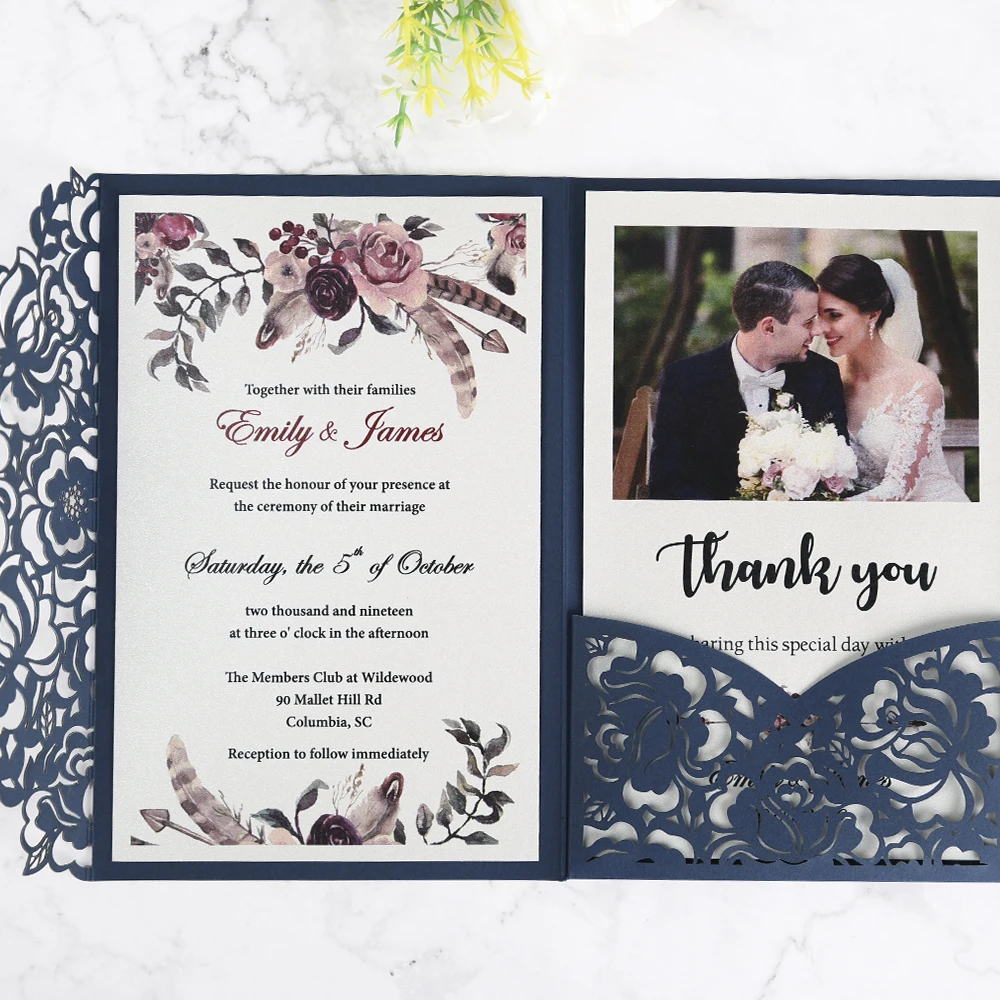 

100pcs Navy Blue laser cut flor Pocket Wedding Invitations Greeting Cards with Envelope Customized Party,CW0008