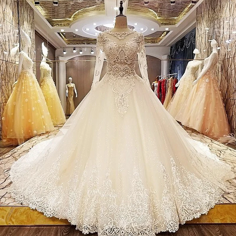 

100% Real Photos Full Sleeves Unique Lace Wedding Dress Zipper Back Beading Crystal Cathedral Train Luxury Bridal Gown 2018