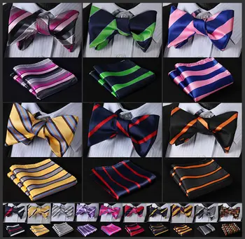 

ESA Stripe Men Silk Woven Party Classic Pocket Square Self Bow Tie Handkerchief Set